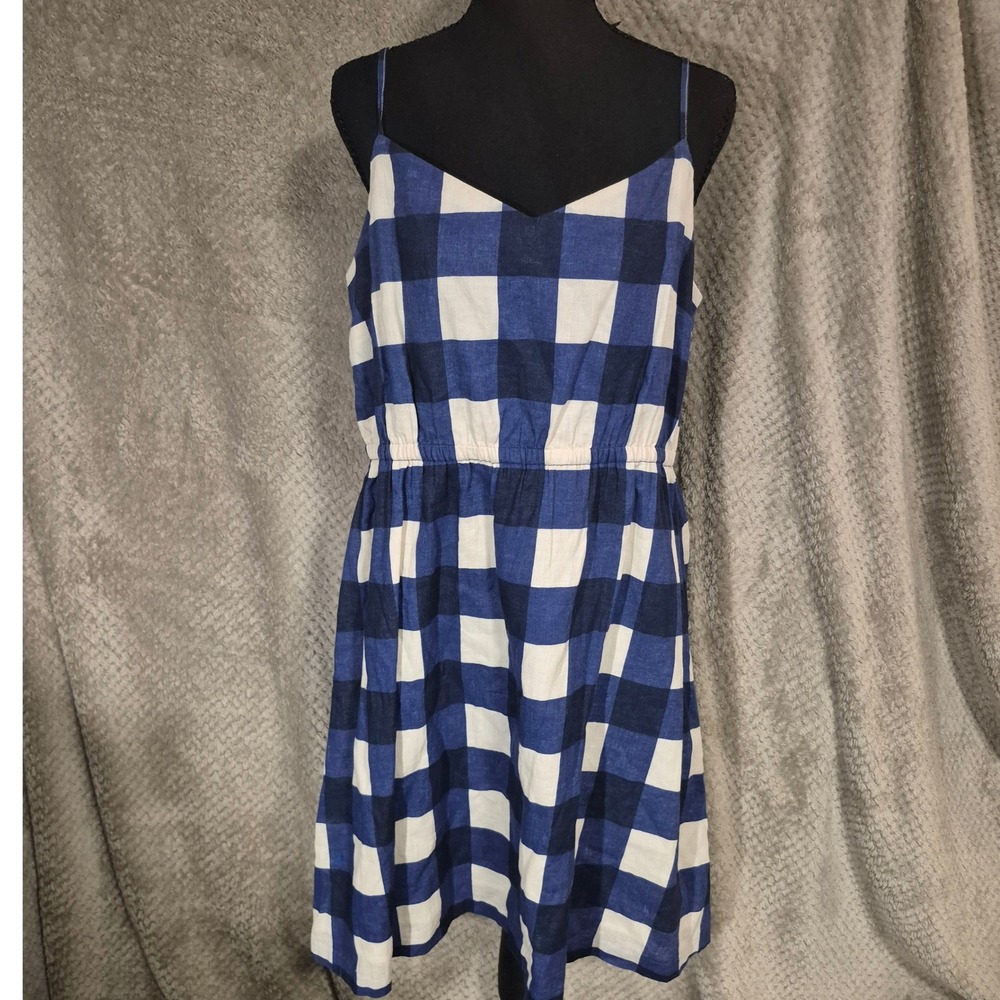Gap Blue White Plaid Linen Cotton Blend Mini Dress Womens Large Gingham V-Neck